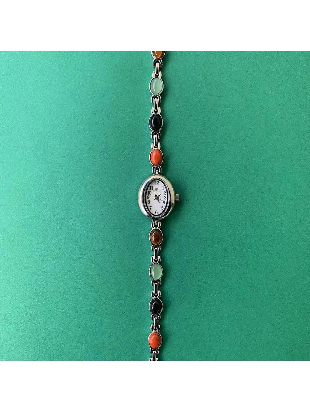 Boho Indoe style silver tone quartz watch with glass multi color jade stone